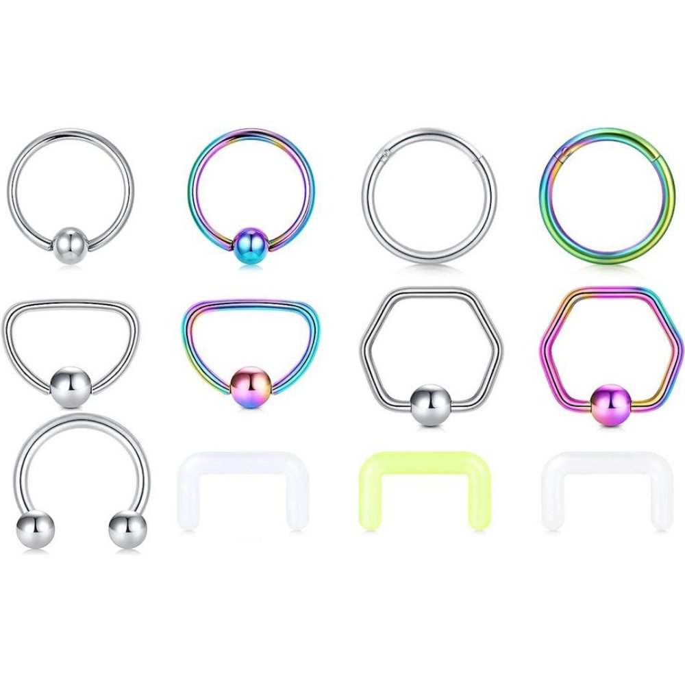 NEW BUNDLE DOZEN Septum Rings Retainers Nose Iridescent Holo Silver 16 Gauge 16G